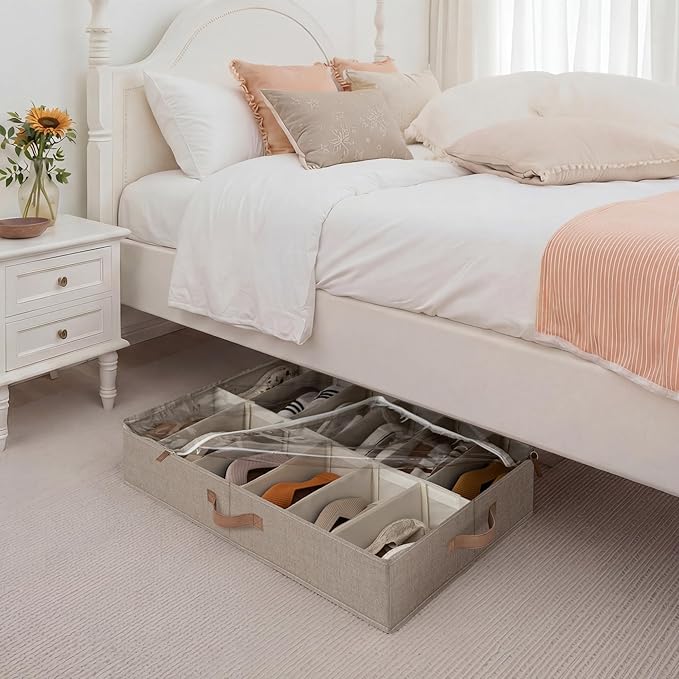 StorageWorks Shoe Organizer for Closet, Fits up to 24 Pairs, 2-Pack Ultra-thick Fabric Under Bed Shoe Storage Containers with Bottom Support and Adjustable Dividers, Taupe