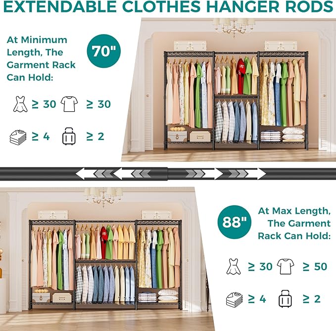 SINGAYE Clothes Rack Portable Closet Coat Wardrobe Heavy Duty Clothing Racks System Organizers and Storage for Hanging Clothes Garment Rack Adjustable with Shelves 15.8" D*(77-88) W*76.5" H Black