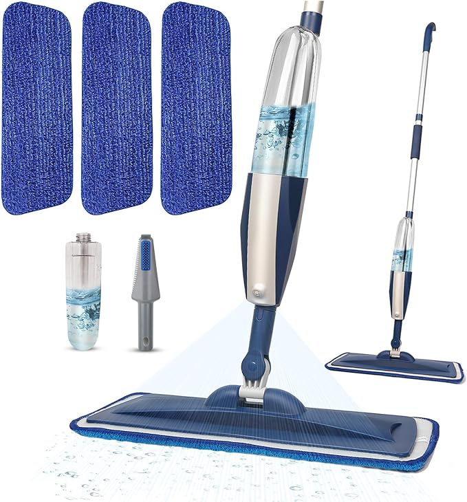 Spray Mops for Floor Cleaning Floor Mop with a Refillable Spray Bottle and 3 Washable Microfiber Pads Home or Commercial Use Dry Wet Flat Mop for Hardwood Laminate Wood (Dark Blue)