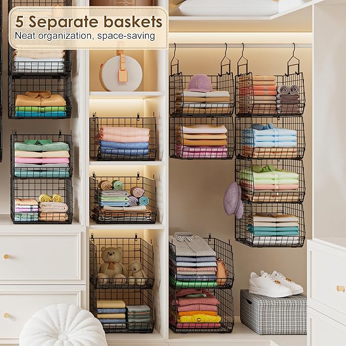 Capacity Upgrade Edition Deeper 4'' 5 Tier Foldable Hanging Closet Organizer and Storage，Wire Cabinet Shelves and Rack with 5 S Hooks,Stackable Metal Basket Bins for Clothes Shoe Purse,Black