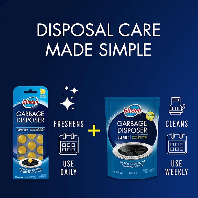 Glisten Garbage Disposer Cleaner and Freshener, Sink Disposal Odor Eliminator with Foaming Action, Lemon Scent, 4 Packets