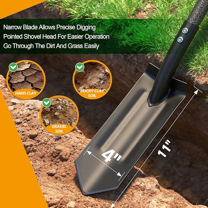 60-Inch Adjustable Long Handle Trench Shovel - 4 Inch V-Shape Garden Spade with Foot Step, Ergonomic Back-Saver Design for Easy Digging, Weed Removal, Edging, Planting, and Home Landscaping Projects