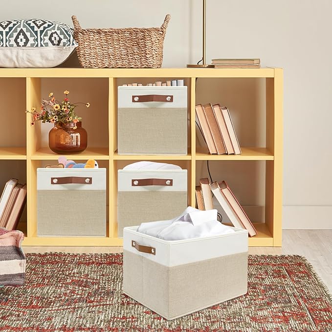 4 Pack Fabric Storage Baskets for Shelves, Closet Storage Bins for Shelves, Fabric Baskets for Organizing with Handles for Home and Office (White with Beige,15"L*10.2"W*9"H)
