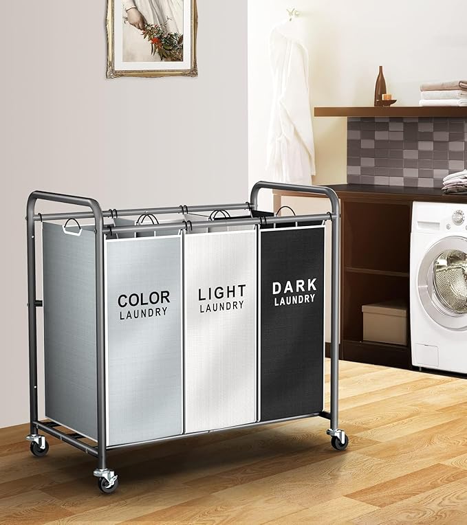 ROMOON Laundry Sorter Hamper 3 Section, Divided Laundry Basket Organizer with Heavy Duty Lockable Wheels and Removable Bags, Rolling Clothes Hamper for Apartment, Dorm & Family (130L Multicolor)