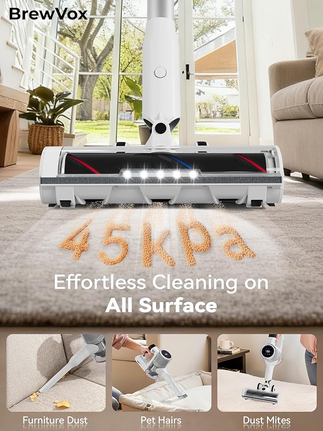 BrewVox Telescopic Cordless Stick Vacuum Cleaner for Home & Pet Hair, Smart Auto Detect, 2 Motorized Brushes, 6 Stage Filtration, 45kPa Powerful Suction, 550W Motor, 60 Min Runtime, Quick Rechargeable