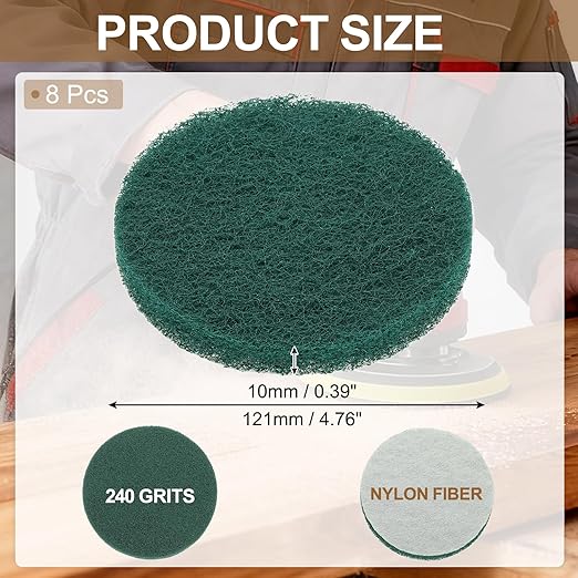 uxcell 8Pcs Scrubber Scouring Pad, 5 Inch 240 Grits Drill Power Brush Hoop and Loop Scrub Pads Discs Polishing Pad for Household Furniture Automotive Cleaning, Green