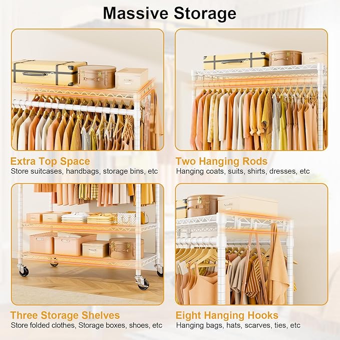 ULIFHOME P7 Rolling Clothes Rack, Clothing Racks for Hanging Clothes, Heavy Duty Garment Rack with Wheels, 3 Tiers Freestanding Portable Closet Rack 45''W × 20.5''D × 80.5''H, Max Load 480 lbs, White