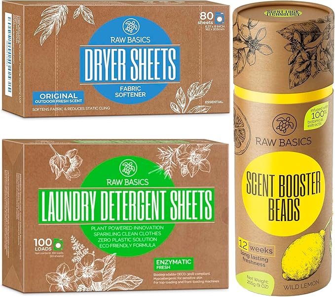 RAW BASICS Laundry Detergent Sheets, Fresh Scent, and Scent Boosters for Washer, Wild Lemon Aroma, and Dryer Sheets, 80 Bulk Loads