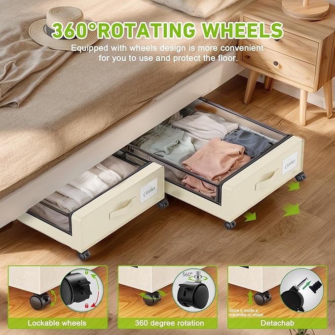 YAASHEEN Under Bed Storage with Wheels, Under the Bed Storage Containers with Clear Lids & Label, Underbed Storage Bins, XXL 60L Rolling Metal Drawer for Clothes, Shoes, Toys, Books (Beige)