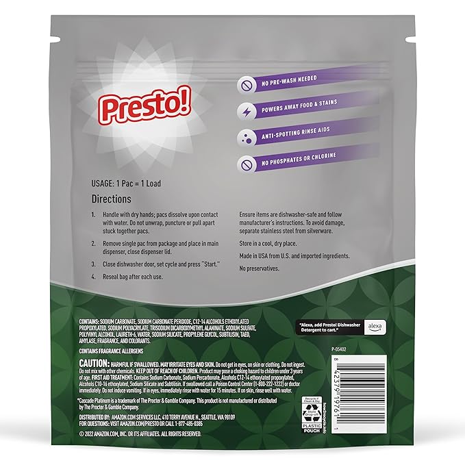Amazon Brand - Presto! Triple Action Dishwasher Pacs, Anti-spotting, Fresh Scent, No Phosphates or Chlorine, 70 Count