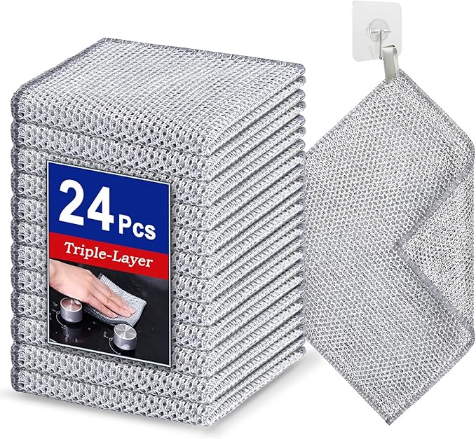 Wangjinpeng 24PCS 3-Layer Non-Scratch Multipurpose Steel Wire Dishcloths - Reusable Quick-Dry Odor-Free Scrub Cloths for Dishes, Kitchen Cleaning Cloths for Cookware, Sinks, Stove Tops(7.87X7.87)