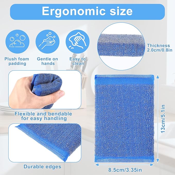 6 Pack Steel Wool Scrubber Sponges, Heavy Duty Stainless Steel Scouring Pads Reusable Non Scratch Metal Sponges Hand-Friendly Kitchen Cleaning Tool for Pots and Pans Tough Grease & Grime (3 Colors)