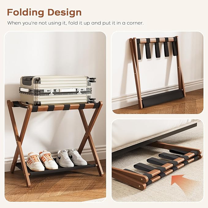 Fully Assembled Luggage Rack, Walnut Luggage Rack for Guest Room, Bamboo Folding Suitcase Stand with Storage Shelf, 5 Nylon Straps, Luggage Holder for Bedroom Hotel, 26.77"W x 16.93"D x 22.5"H, 1 Pack