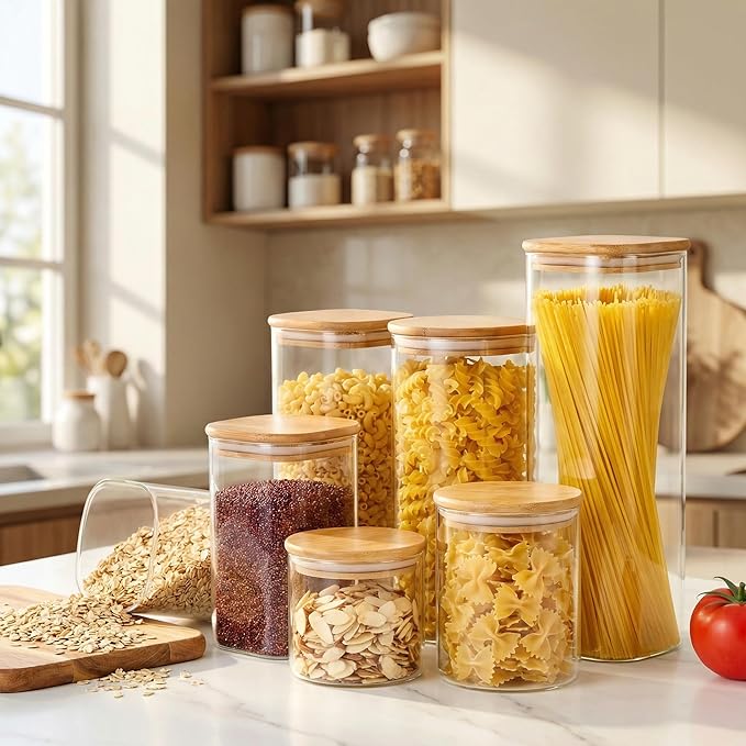 HomArtist Square Glass Jars with Bamboo Lids 79 FL OZ [Set of 3], Glass Canisters with Airtight Lid, Glass Food Storage Containers for Spaghetti, Fettuccine, Linguine,Pasta, Best for Kitchen & Pantry