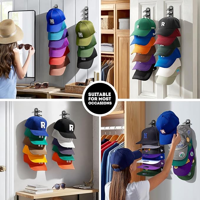Hat Organizer for Baseball Caps, Hat Rack for Wall Closet Door Hold up to 10 Hats,Hat Holder with Adhesive and 4 Screws, Hat Hanger Cap Holder Hat Hangers for Wall Closet Door Bedroom(1pc,B-Black)