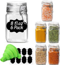 ComSaf Set of 6 Square Glass Jars with Airtight Lids (8 Oz), Pantry Canisters for Spices, Jams, & Herbs, Wire Clamp Jar for Overnight Oats, Pickling, Favors, Includes Labels & Funnel