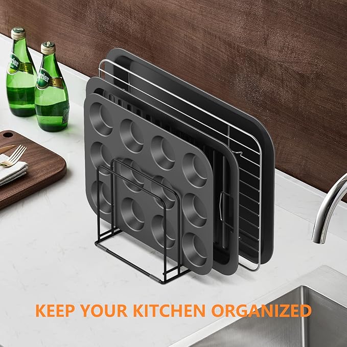 KORRTFID Kitchen Cabinet Organizer, Steel Cookware Holder, Divided Holder with 5 Slots for Skillets Baking Tray and Chopping Board Rack - Baking Pan Holder Storage (2 PCS)