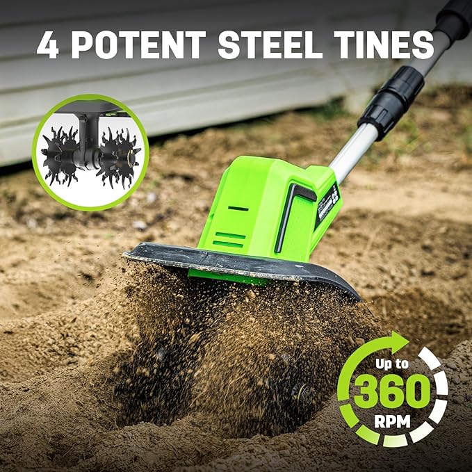 STEELITE 20V Battery Powered Tiller, 360 RPM Cordless Tiller, 400W Powerful Motor, 9-inch Tilling Width and 7-inch Depth Portable Rotary Tiller, 2×2Ah Battery & Charger Included