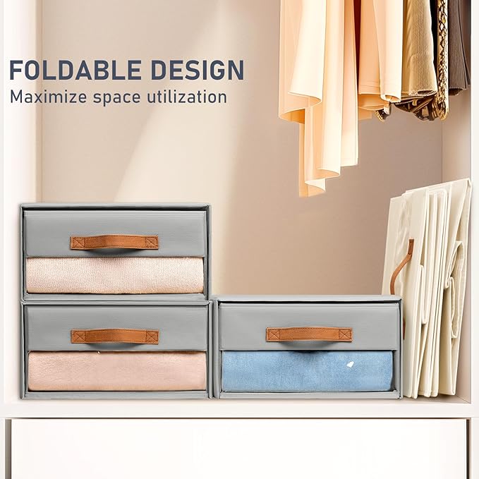 DIMJ Closet Organizers and Storage - Fabric Bins with Drawers for Closet Foldable Clothes Organizers with Clear Window, Stackable Storage Drawers Units for Bedroom, Living Room, 4-Pack, Grey