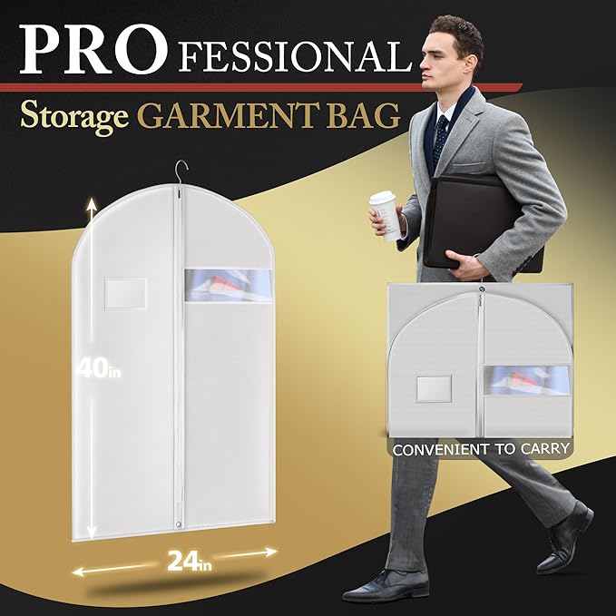 Hleelomi 40-inch Suit Bag Garment Bag for Travel and Storage, Garment Bags for Hanging Clothes with Zipper and Visible Transparent Window, White 1 pack