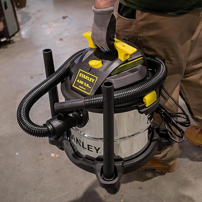 STANLEY Wet/Dry Vacuum SL18115, Stainless Steel Tank, 5 Gallon 4HP Shop Vacuum, Portable Style Ideal for Home/Shop/Jobsite Dust Collection Job with Vacuum Attachments, Silver+Yellow