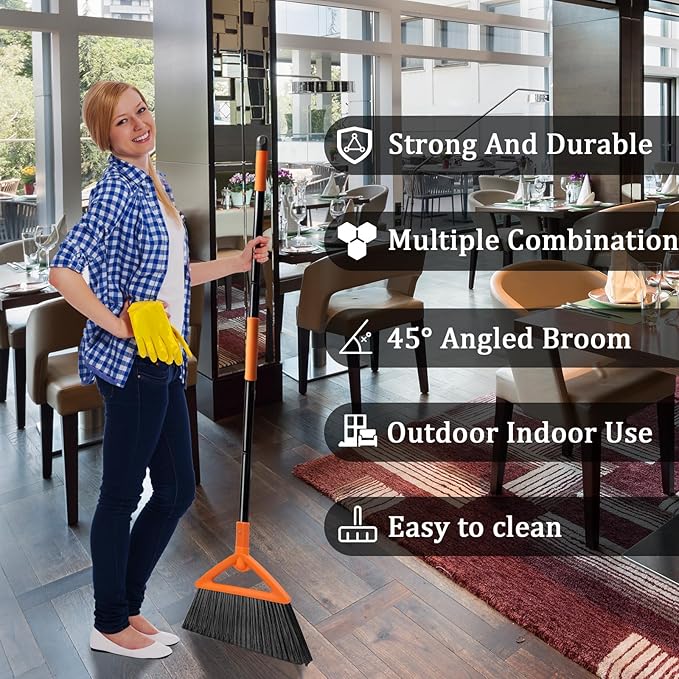 Heavy Duty Angle Broom 4 Pack - Orange Broom for Outdoor & Indoor, Garage, Driveway, Sidewalk, Kitchen & More, Long Handle