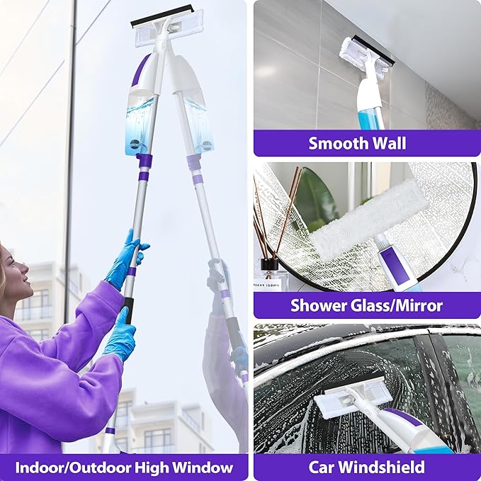 Spray Window Squeegee with 60" Extension Pole, Window Cleaning Squeegee Kit- 2-In-1 Squeegee Scrubber, 3 Microfiber Cleaning Pad&400ML Refill Bottle, Multi-Use Squeegee for Home Shower Car Windshield.