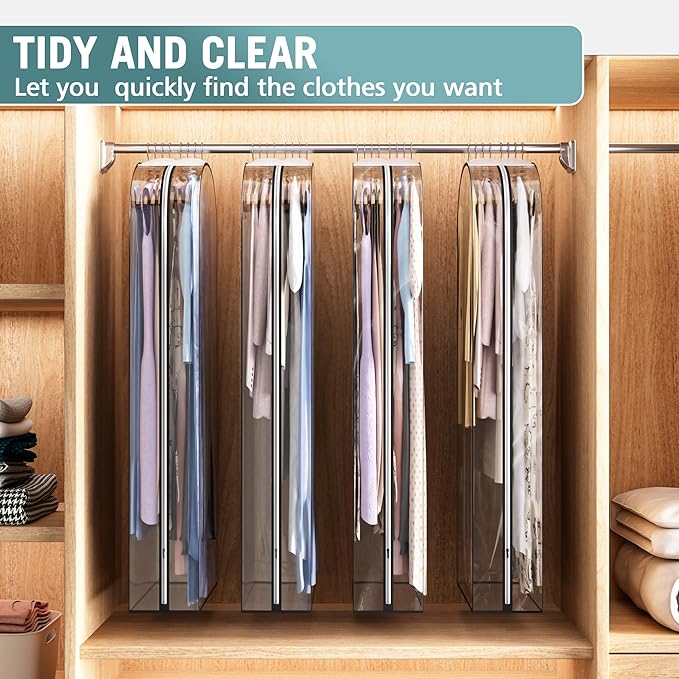 Liuoud Clear Garment Bag for Hanging Clothes 10” Gusseted, 60” Suit Bags for Open Closet Storage Plastic Clothes Cover for Coat, Dress, Shirts, Fur, Jacket, Wardrobe Protectors, 4 Pack