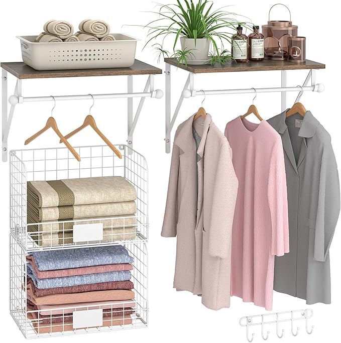 DAOUTIME 2 Set Laundry Room Wall Mounted Shelves With Wire Storage Baskets, Over Washer and Dryer With Hanging Rods and Hooks, for Organization and Storage, White, Wooden