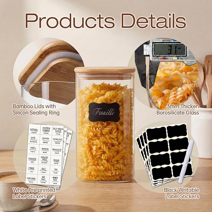 Extra Large Square Glass Flour & Sugar Storage Containers with Airtight Lids, 168oz 2 Pack Glass Jars with Bamboo Lids, Air tight Pantry Food Storage Containers for Cereal, Pasta, Rice Organizers