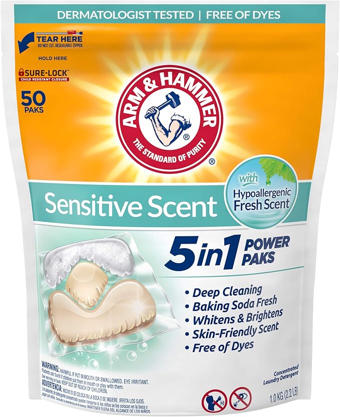 Arm & Hammer Sensitive Scent 5-in-1 Laundry Detergent Power Paks, 50 Count, Fresh