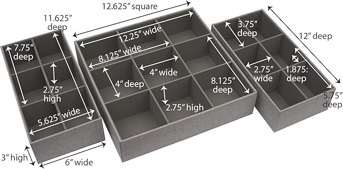 Household Essentials 3 Piece Drawer Organizers Starter Set, Customizable Inserts, Large Tray and 2 Small Trays, Silver