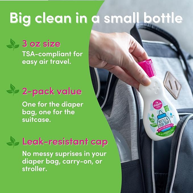 Dapple Baby Bottle Soap, Hypoallergenic Dish Soap for Baby Bottles, Powered by Plants, Travel Size, Fragrance Free, 3 Fl Oz (Pack of 2)