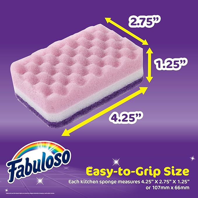 Fabuloso Scratch-Free Kitchen Dish Sponges, Purple Cellulose Scrubber Sponge with Scouring Pad for Dishes, Pots, Pans, Counters and Sinks, Tough on Messes, 4.25 x 2.75 x 1.25 in, 6 Count