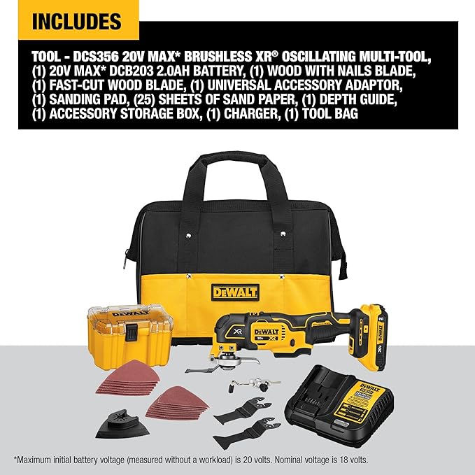 DEWALT 20V Oscillating Tool, Cordless, Wood Blades, Sandpaper, Tool Bag, Battery and Charger Included (DCS356SD1)