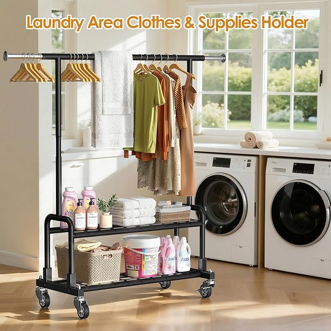Luxspire Heavy Duty Clothes Rack, Clothing Rack Load 600 LBS, Rolling Clothes Racks for Hanging Clothes with Sturdy Wheels & 2 Tier Shelves, Adjustable Garment Rack for Bedroom, Laundry Room, Black
