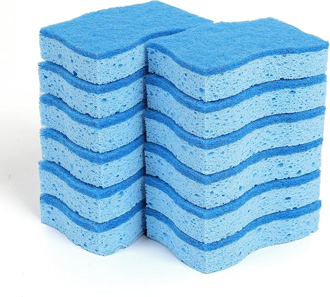 Kitchen Sponges – 12 Pack – Non-Scratch Dual-Sided Cellulose Scrub Sponges for Dishes, Pots, and Pans – Durable, Absorbent, and Reusable (Dark Blue/Light Blue)