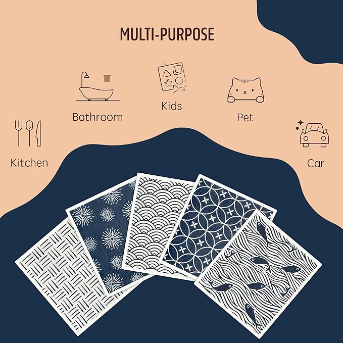 Swedish Dishcloths, 5 Pack Swedish Dishcloths for Kitchen, Super Absorbent, Biodegradable, Quick Drying, Dishwasher Safe