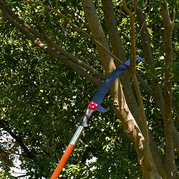 Manual Pole Saw for Tree Trimming, 27 FT Manual tree purner with 8-Section Fiberglass Handle, Sharp steel Blade, Easy to Carry and Extendable Design for Tree Maintenance, Orange