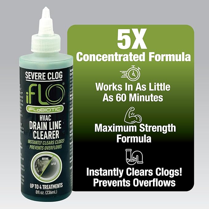 iFLO® Severe Clog Relief™ - 5X A/C Drain Line Cleaner Concentrate – Heavy-Duty HVAC System Solution for Tough Clogs & Buildup – Professional Liquid Drain Cleaner and Unclogger, 8oz Bottle, 1 Pack