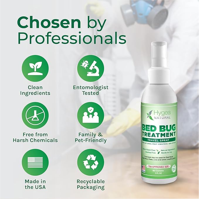 Hygea Natural Lice, Mite, and Bed Bug Natural Travel Spray- TSA Approved 3 oz Size Bottles, Child & Pet friendly, Stain & Odor Free, For Hotels, Suitcase, Backpack, Shoes, Bed Bug Spray (2 Pack)