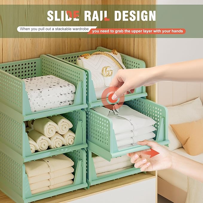 Stackable Plastic Storage Drawers for Closet Organizers and Storage, Open Storage Bins Closet Shelf Clothes Organizer for Closet Wardrobe (5, Green)
