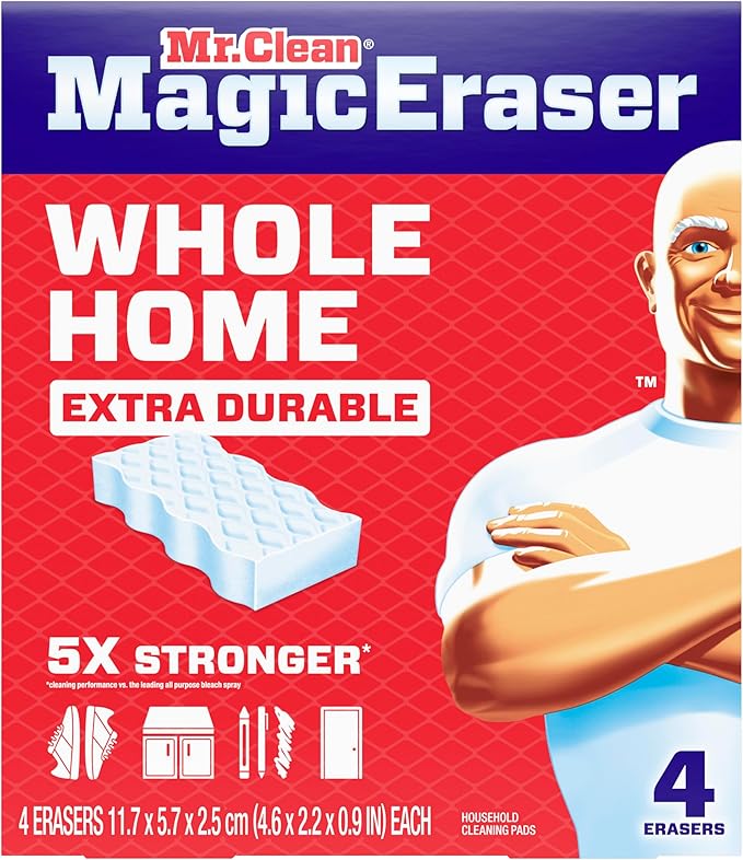 Mr. Clean Magic Eraser Sponge, All Purpose Cleaner, Cleaning Scrubber, Wall, Sneaker, Kitchen, Bathroom, Shower Cleaner, Cleaning Supplies, Melamine Sponge, Cleaning Pads, Extra Durable, 4ct