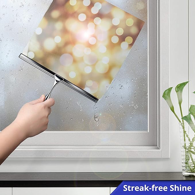 HOME SO Shower Squeegee for Glass Doors – Stainless Steel Squeegee with Adhesive Hooks - Window, Floor & Car Squeegee, Multi-Purpose Bathroom, Mirror & Tile Cleaner - Bathroom Essentials - Chrome 12"