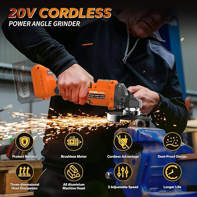 Cordless Angle Grinder Power Tools, Compatible with Dewalt 20V Max Battery Grinder Tool, Brushless Motor with LED, 3 Variable Speed, 4-1/2" Cutting Whee, Flap Disc Grinding (No Battery), Orange