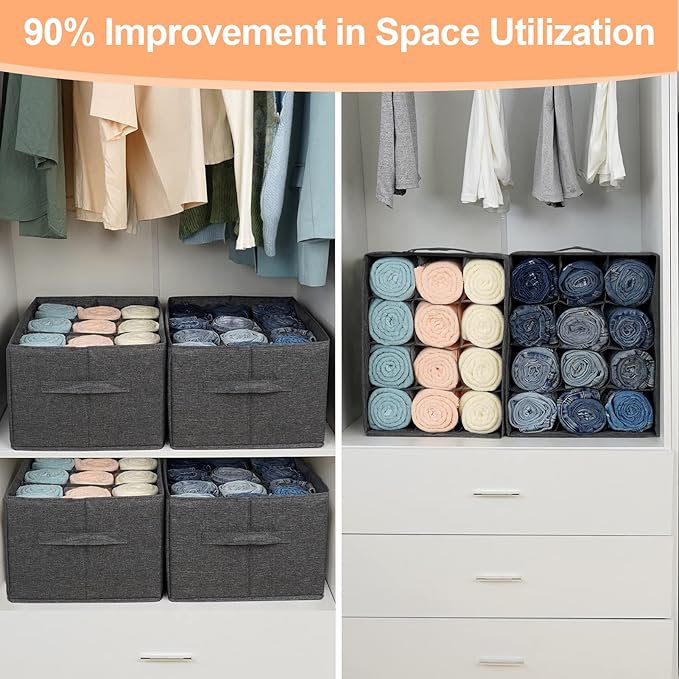 EASEVE 4Pcs Closet Organizers and Storage Bins for Clothes - 12 Cell Drawers Organizer Grid Storage Box for Jeans Pants Sweater T-shirts, Wardrobe Shelf Dividers Closets Organization