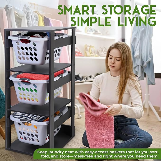 Laundry Basket Holder Shelf (3-Tier) - Stackable Engineered Wood Laundry Tower, Tiered Laundry Hamper Organizer for Bathroom, Bedroom, Laundry Room