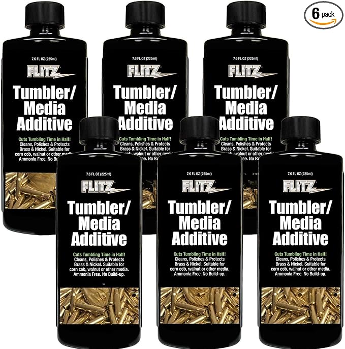 Flitz Tumbler Media Additive - 7.6oz Bottle of USA-Made Brass Cleaner Reloading Liquid for Ammo, Copper, & All Metals - Ammonia-Free Tumbling Polish to Remove Oxidation, Powder Residue (6 Pack)