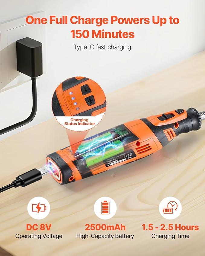 VEVOR 136-Piece Cordless Rotary Tool Kit, DC8V Portable Mini Power Rotary Tool, 5 Speeds 5000-30000RPM Multi-Purpose DIY Tools for Engraving, Sanding, Polishing, Carving, Grinding, Cutting, DIY Craft