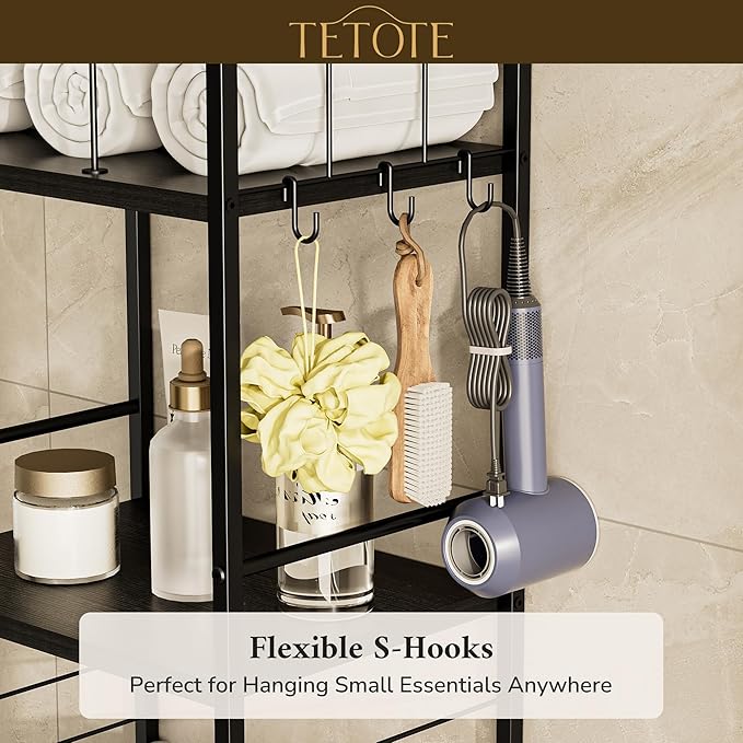 TETOTE 4-Tier Towel Rack for Bathroom M-Shaped Detachable Dividers & Hooks, Free Standing Towel Holder Bathroom Towel Storage Organizer for Pool, Kitchen, Laundry, Black